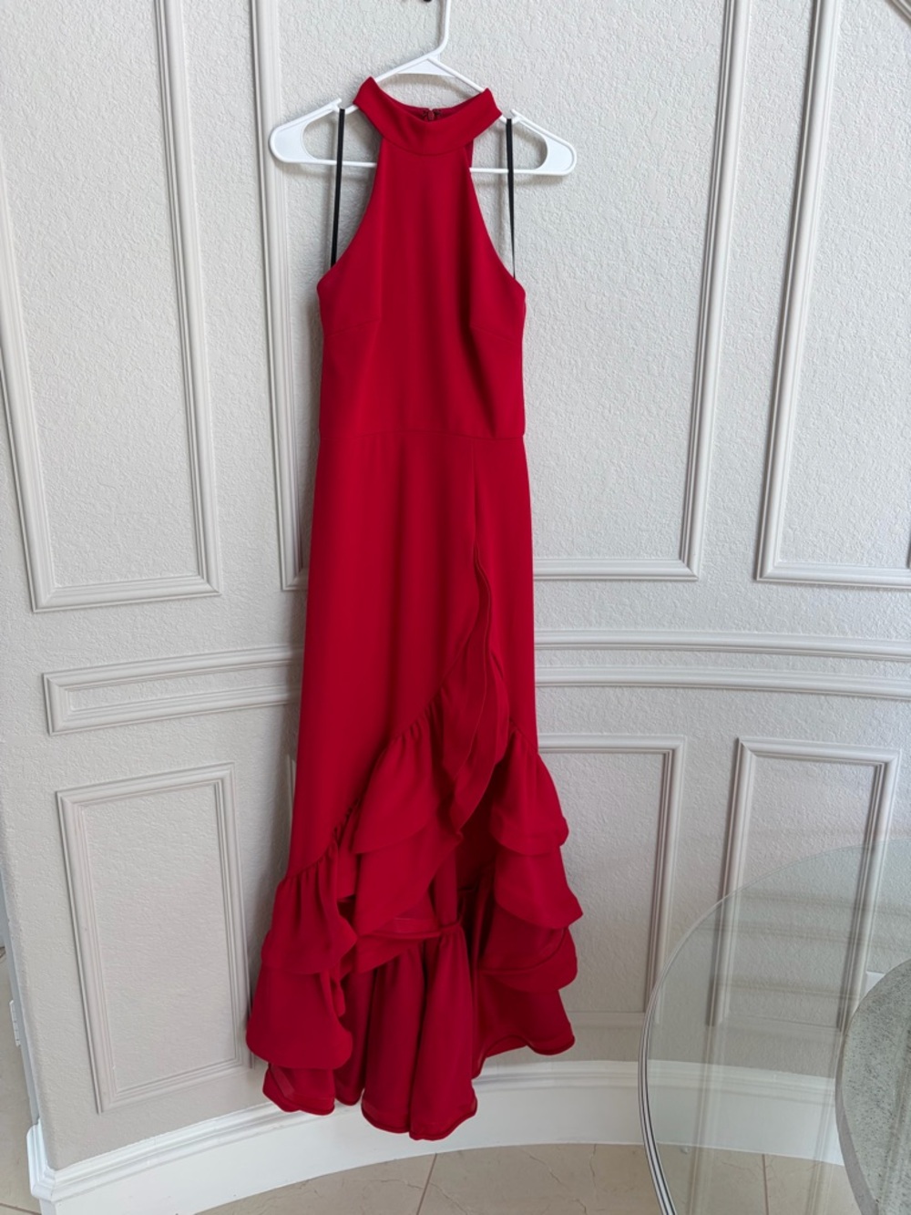 Betsy & Adam Red Halter High-Low Ruffled Gown